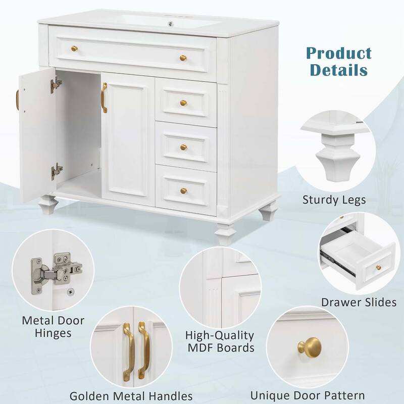 Freestanding Vanity Set with Flip-Out Drawer,3 Drawers,2 Soft-Close Doors
