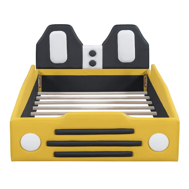 Wood Bed Frame, Race Car-Shaped Platform Bed with Wheels, Kids Floor Bed Guardrails on Both Sides