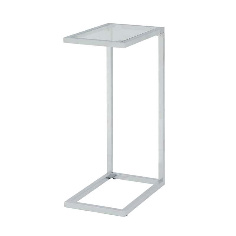 Silver Glass Top Steel End Table with White Sled Base and Modern Design - 16” x 10” x 25.5” (D x W x H) - Clear-White-Silver
