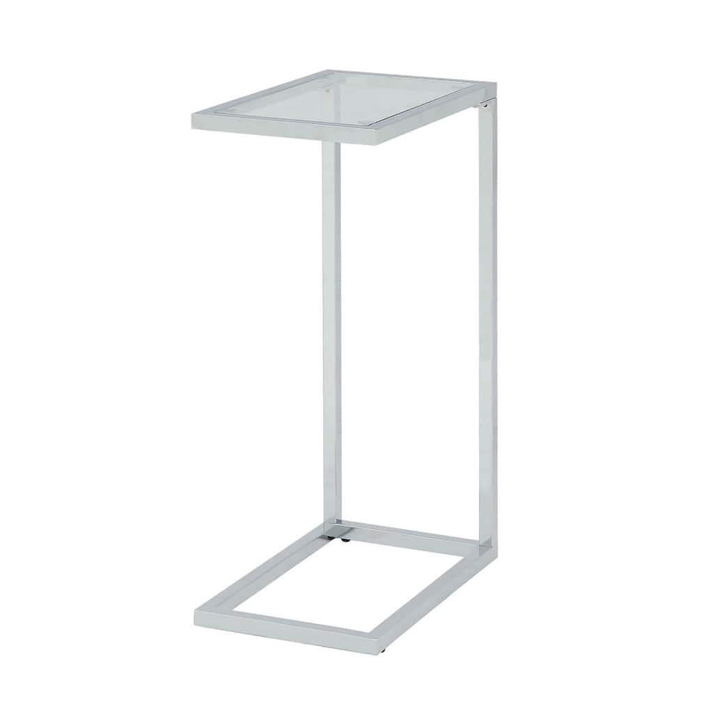 Silver Glass Top Steel End Table with White Sled Base and Modern Design - 16” x 10” x 25.5” (D x W x H)
