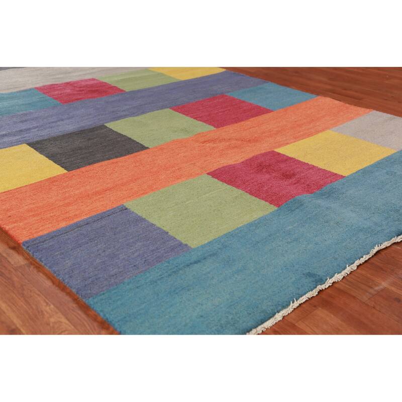Hand Knotted Oriental 100% Wool Carpet Modern Geometric Multi-Colored Gabbeh Area Rug - 8' 1'' X 5' 1''