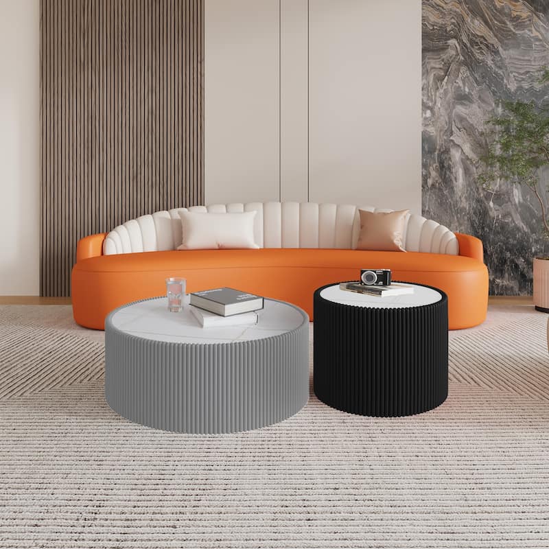 Small Coffee Table End Table for Living Room, Luxury Round Leather Accent Tables, Modern Circle Center Tables with Marble Top