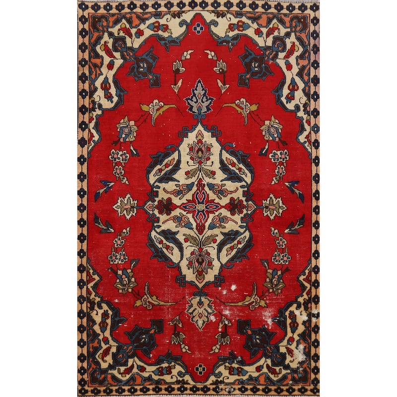 Hand Knotted Oriental 100% Wool Carpet Traditional Medallion Red Tabriz Area Rug - 5' 7'' X 3' 6''