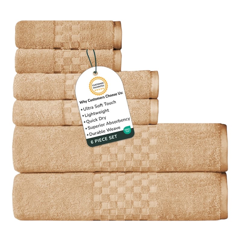Feather and Stitch NY 650 GSM Premium Cotton 6 Piece Towel Set Super Absorbent Quick Dry Spa Quality - Taupe