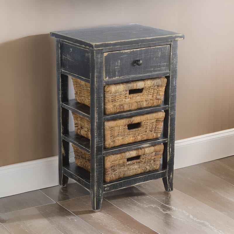 Rena End Table, 3 Natural Rattan Storage Baskets, 20 Inch Black Wood