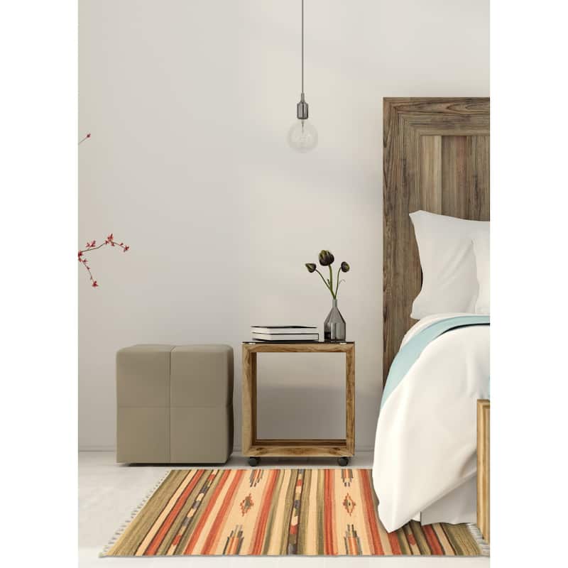 ECARPETGALLERY Flat-weave Bold and Colorful Cream, Olive Wool Kilim - 2'0 x 3'0