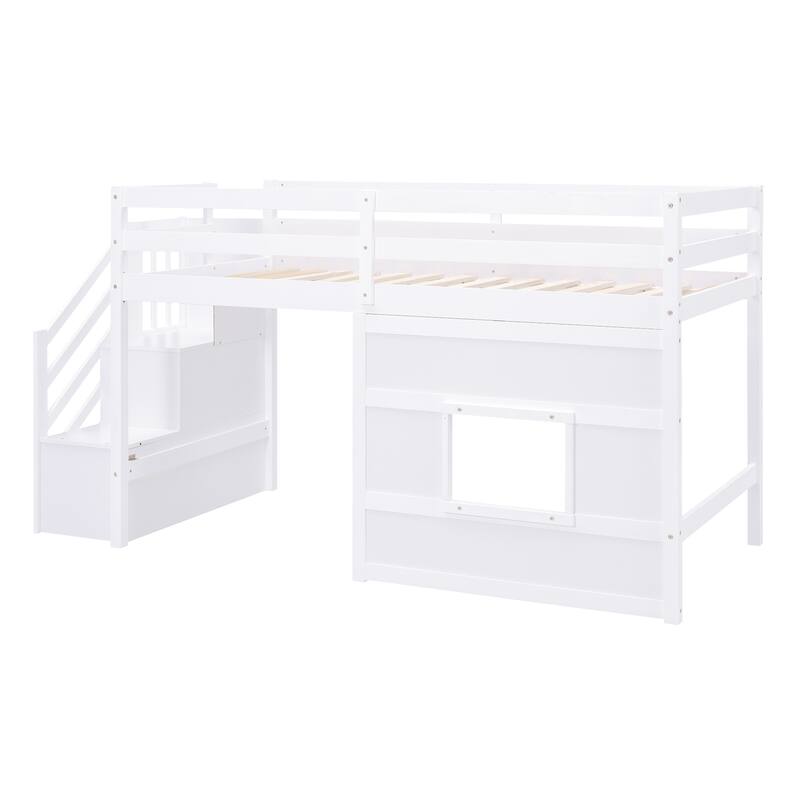 Twin Size Low Loft Bed with Storage Staircase and Window, Wooden Loft Bed Frame with Full Length Guardrail and Slat Support
