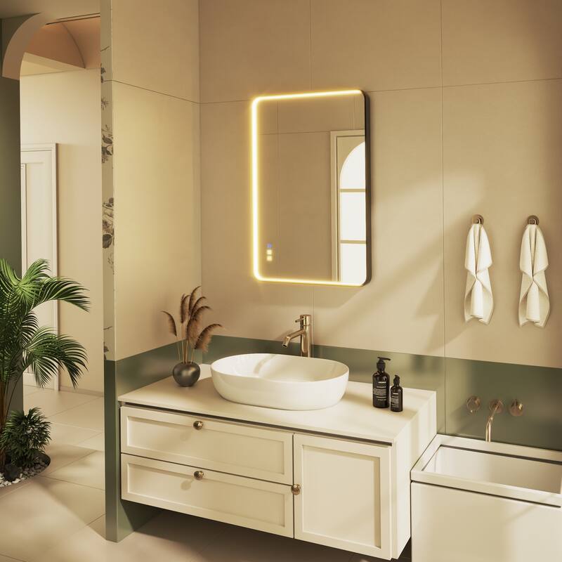 Organnice Rectangular LED Aluminum Black Framed Light Rounded Wall Mirror with Front Light