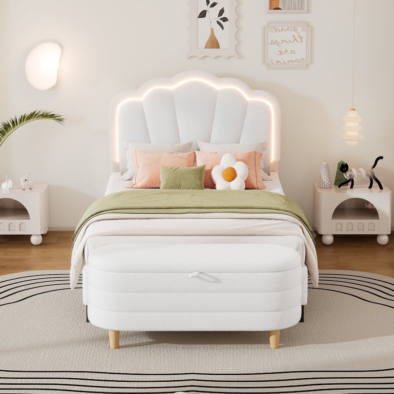 2-Pieces Bedroom Sets Twin Size Flower-Shaped Upholstered LED Platform Bed with Storage Ottoman-Sherpa Fabric - White