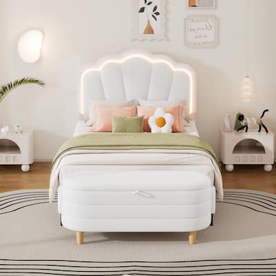2-Pieces Bedroom Sets Twin Size Flower-Shaped Upholstered LED Platform Bed with Storage Ottoman-Sherpa Fabric