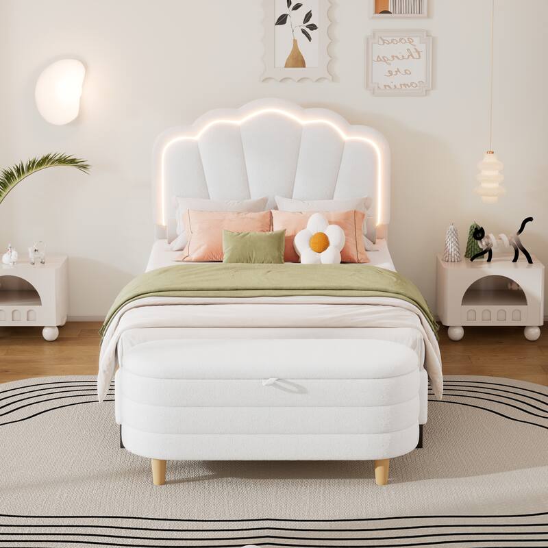 2-Pieces Bedroom Sets Upholstered LED Platform Bed with Storage Ottoman