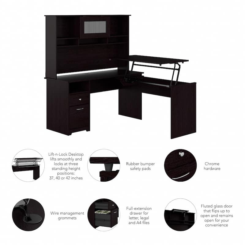 60W 3-position L-shaped Sit to Stand Desk with Hutch by Bush Furniture