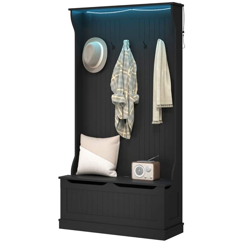 MDF Hall Tree Storage Bench with LED Light and Hooks - 37.75" W x 13.5" D x 70.75" H - Black