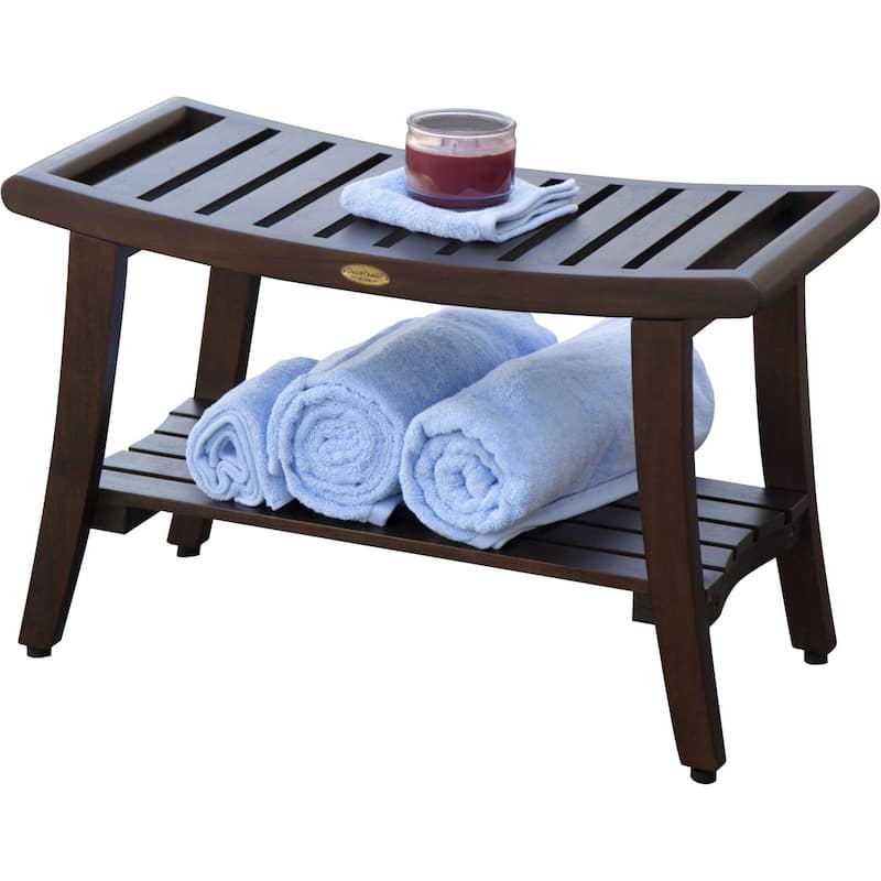 HomeRoots 30" Dark Brown Teak Rectangular Shower Bench With Shelf