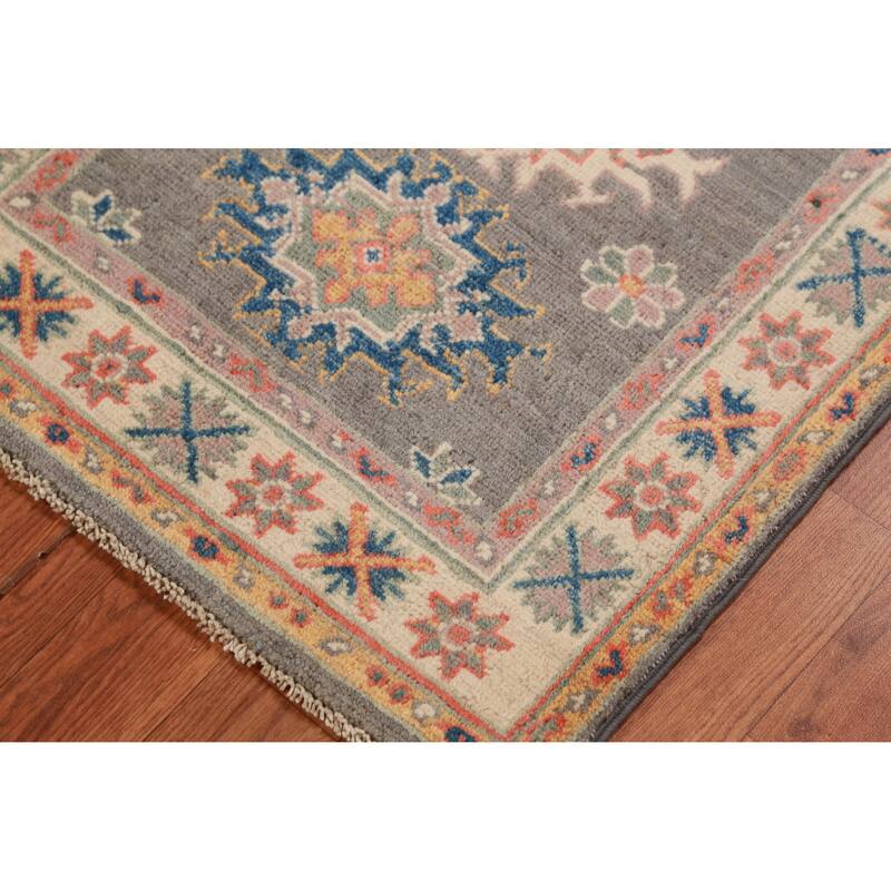 Geometric Kazak Foyer Rug Hand-Knotted Oriental Grey Wool Carpet - 2'0"x 3'0"