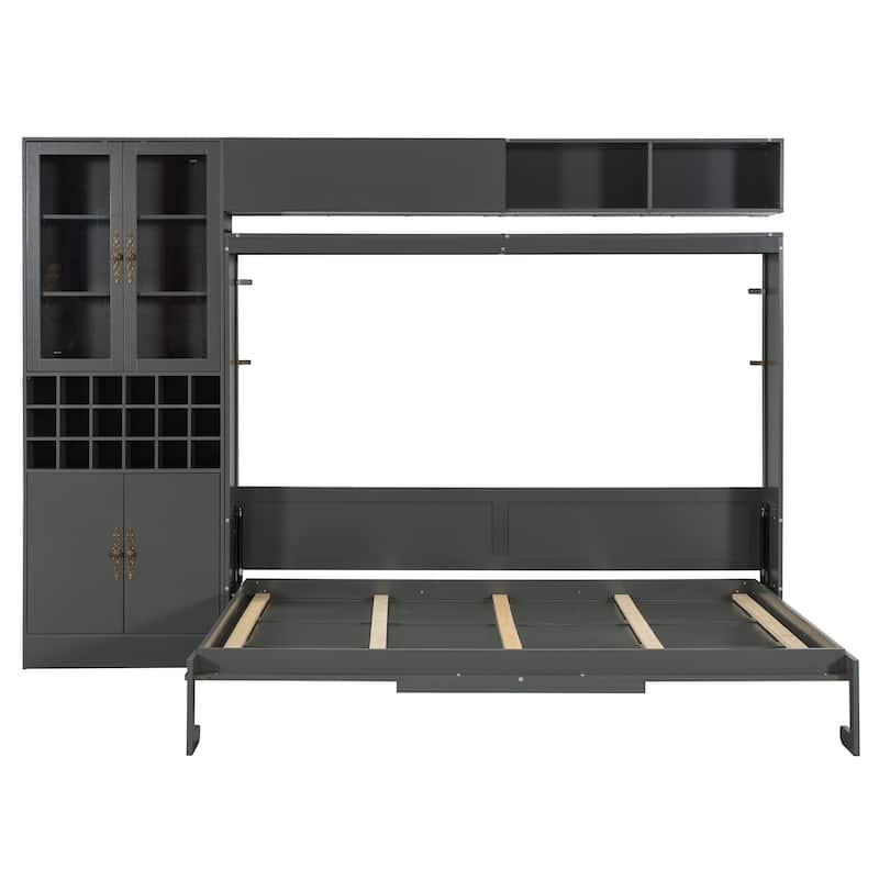 Foldable Murphy Bed Wall Bed with Queen Platform Bed and Sofa, Storage Bed with USB, Glass Door Cabinet, Wine Rack and Shelves
