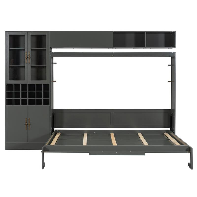 Queen Size Wall Bed with Sofa, Shelves, USB & Light in Gray