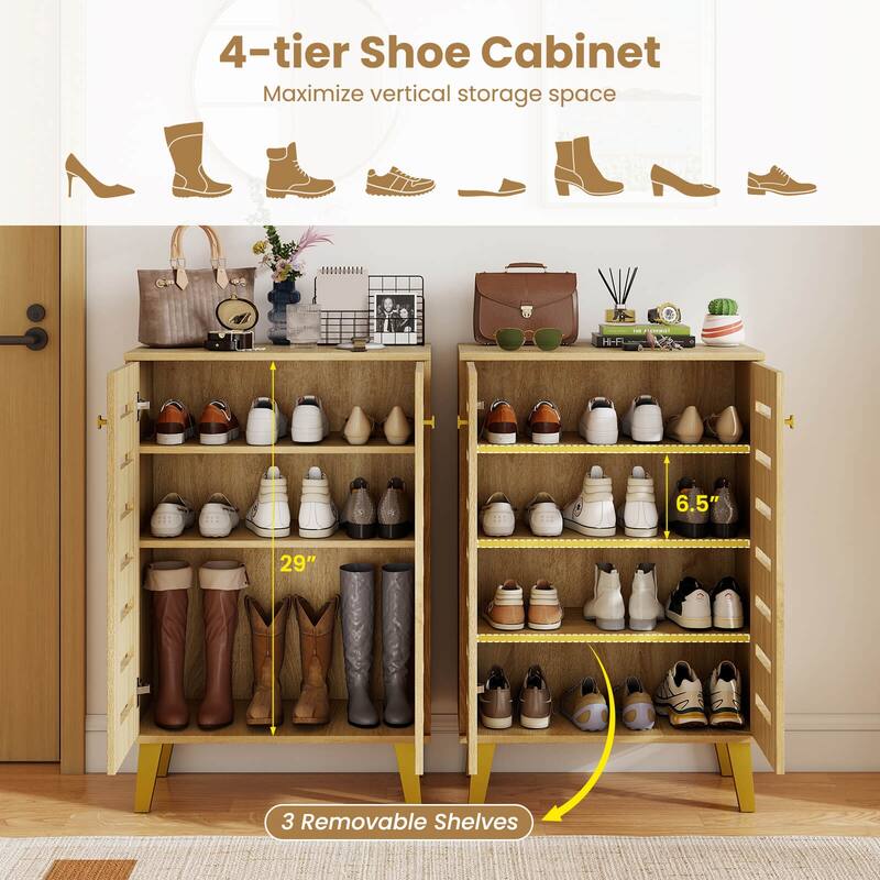 Costway 4-Tier Wooden Shoe Storage Cabinet with Doors Removable - Natural - See Details