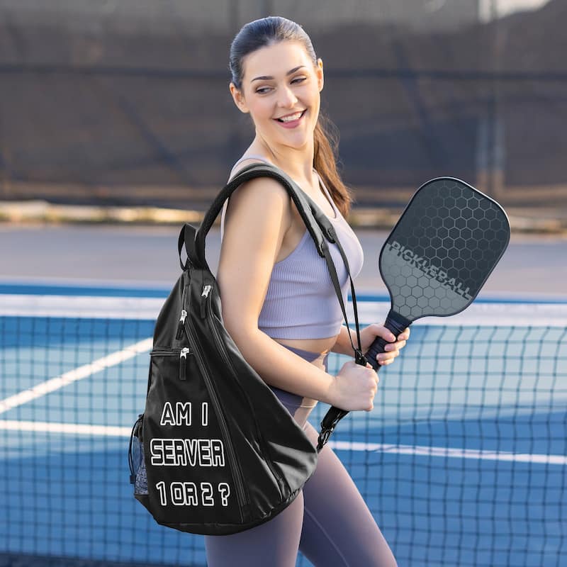 Sweet Jojo Designs Black Pickleball Bag Sling Backpack Crossbody - Sports Pun Funny Quote Sayings Am I Server 1 or 2?