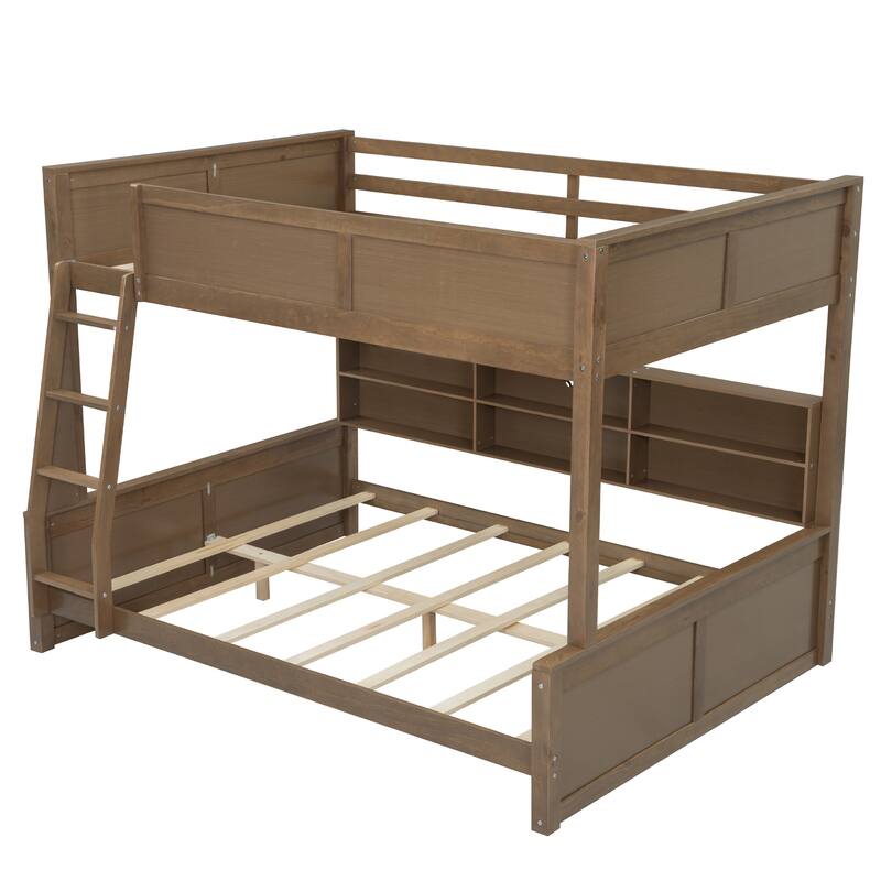 Wood Full XL over Queen Bunk Bed with Shelves, Storage Cabinets, USB Ports, Bunk Bed Frame w/Slats Support, No Box Spring Needed