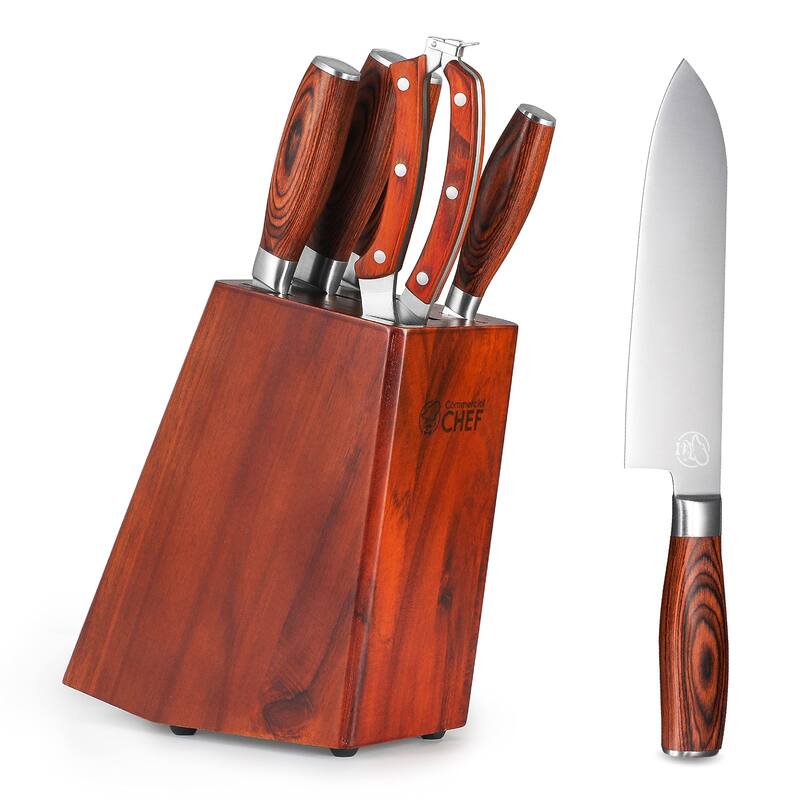 COMMERCIAL CHEF 6 Piece Kitchen Knife Set, Knife Set with Block, Kitchen Knives