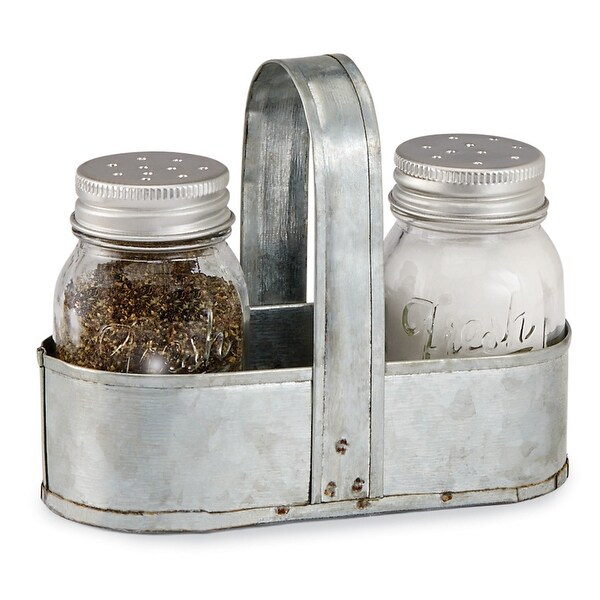 Mud Pie Salt-and-Pepper Shaker Set - Fresh Glass Spice Container Dispensers with Tin Caddy Holder - Silver - 3.5 in. x 4.5 in.