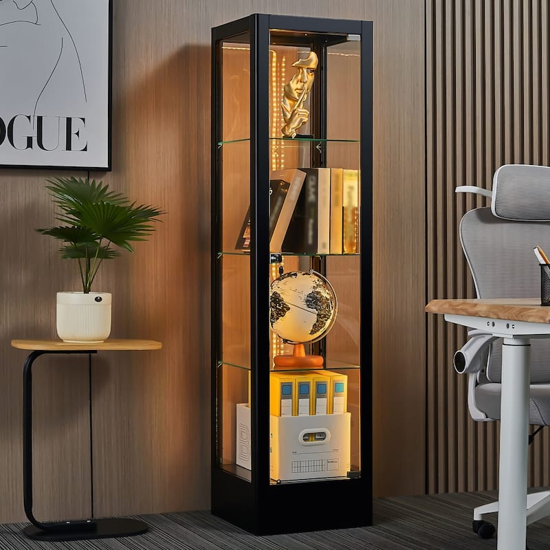 4-shelf Glass Curio Display Cabinet with Doors, RGB Light & Adjustable Storage Shelves - 63"H x 15.8"W x 15.8"D