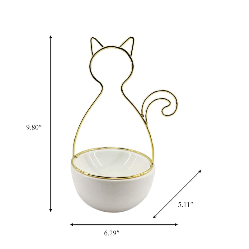 Sagebrook Home 10" Ceramic Cat Trinket Tray in White and Gold, Cat Shaped Jewelry Holder, Great Gift for Cat Lovers