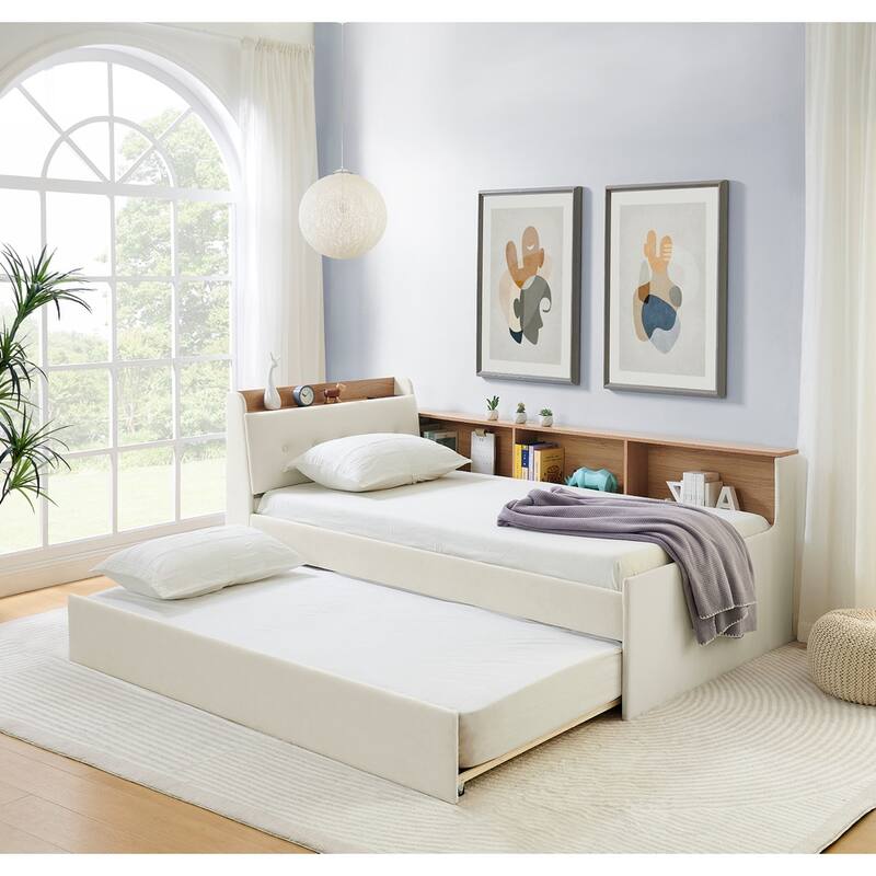 Twin Size Velvet Daybed with LED Light and Lift Up Trundle, Button Tufted Headboard with Wireless Charging and Storage