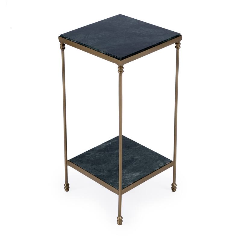 HomeRoots 24" Green and Gold Marble and Iron Square End Table With Shelf - 11.50 in. x 24.00 in. x 11.50 in.