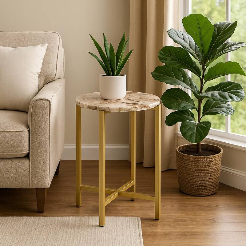 Marble Side Table For Living Room With Metal Frame-21 Inch Height - Brown+Gold