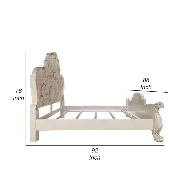 Ally King Bed, Decorative Carved Accent Inlay, Bone White Wood, Silver