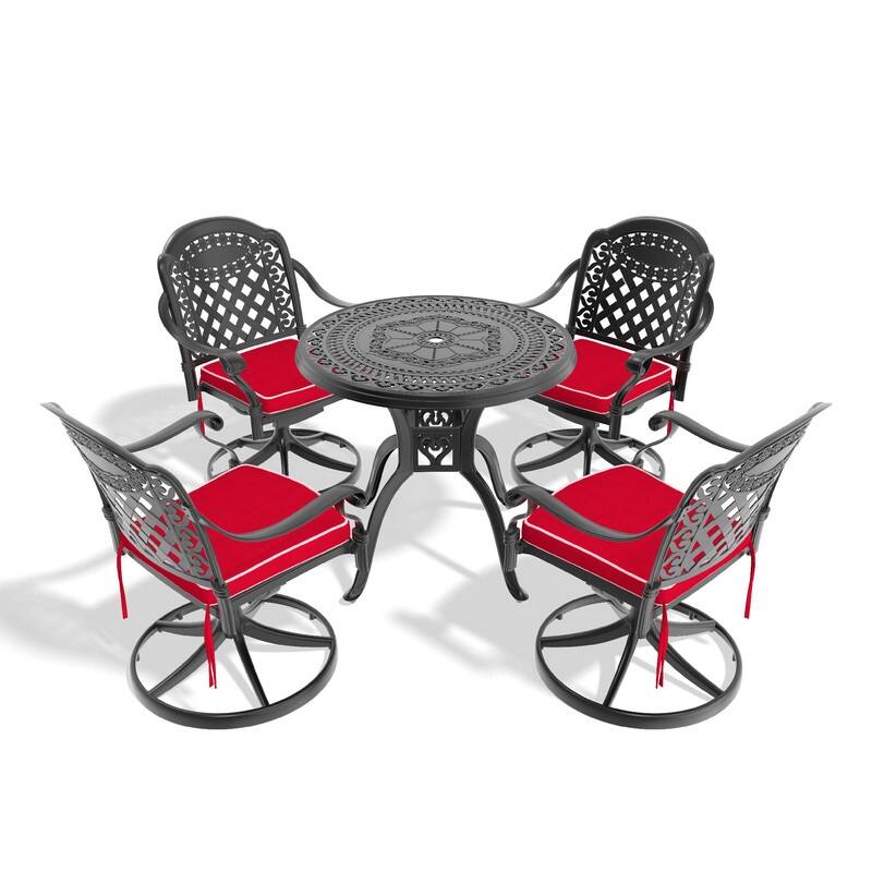 5-Piece Aluminum Round Outdoor Patio Dining Set, 4 Cushioned Swivel Chairs, Table, All-Weather Frames