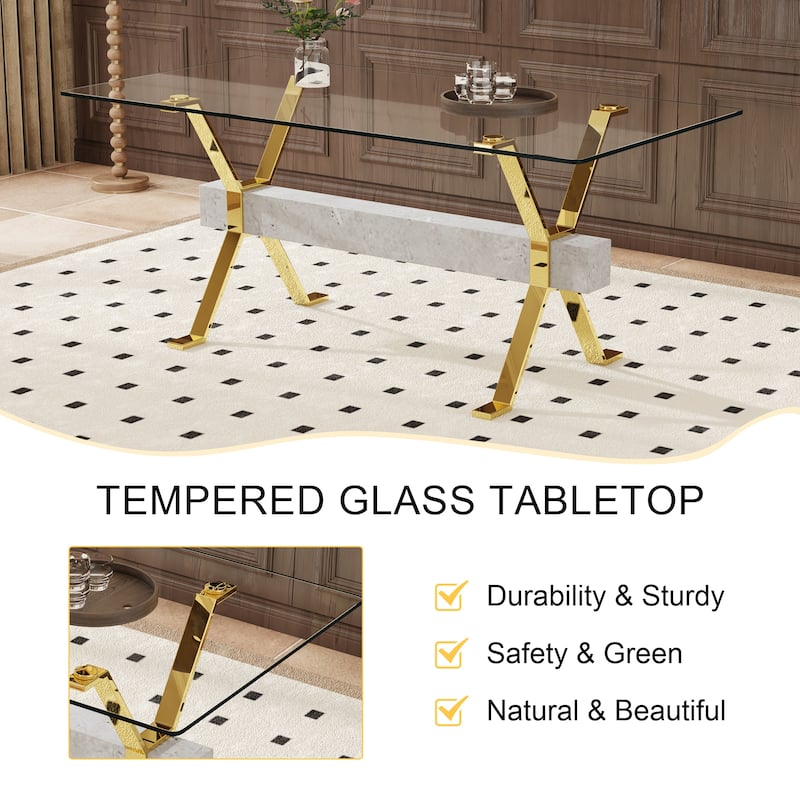 9-Piece Glass Dining Table Set for 8, 71" Rectangular Table with Gold Metal Base, 8 PU Dining Chairs for Kitchen, Dining Room