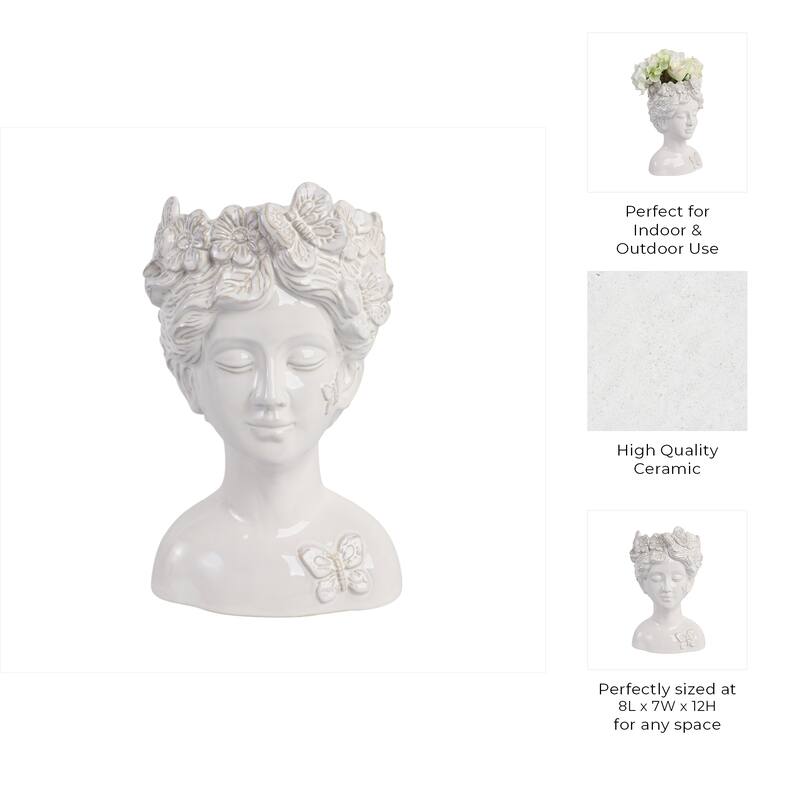 Ceramic Pot Planter Lady Crown Flower and Butterfly - 12" Ivory - 8" x 7" x 12"