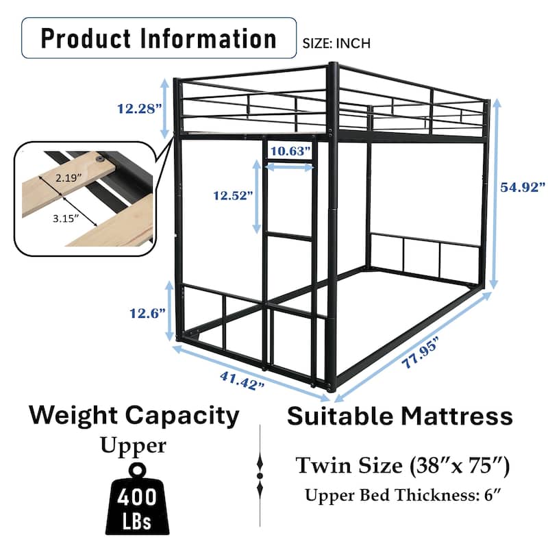 Black Twin over Twin Size Steel Bunk Bed with Fence and Ladder for Kids, Boys and Girls