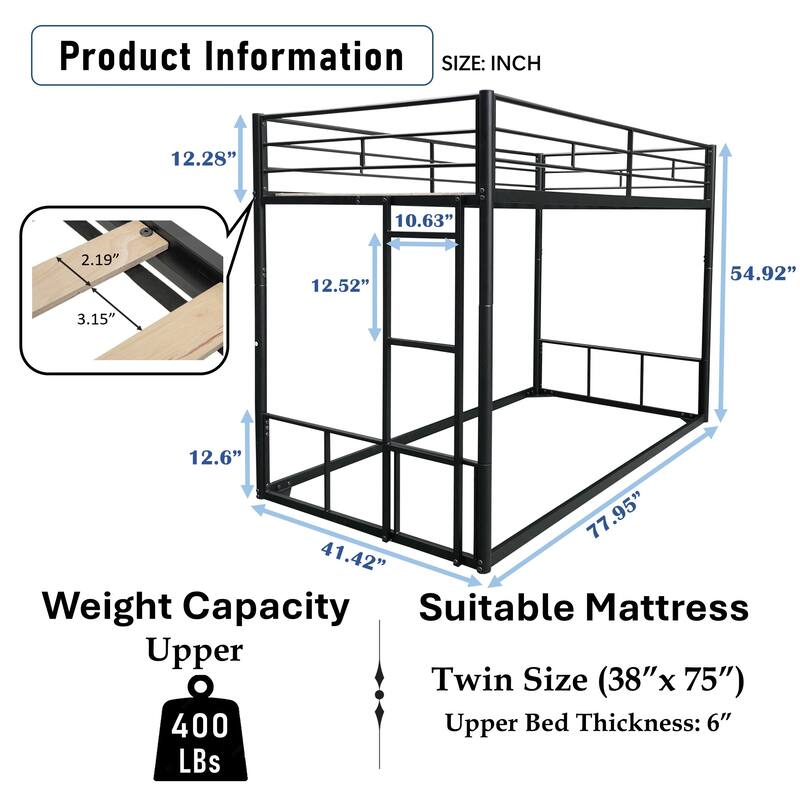 Convertible Twin over Twin Bunk Bed with Guardrails, Steel and MDF Construction, Black