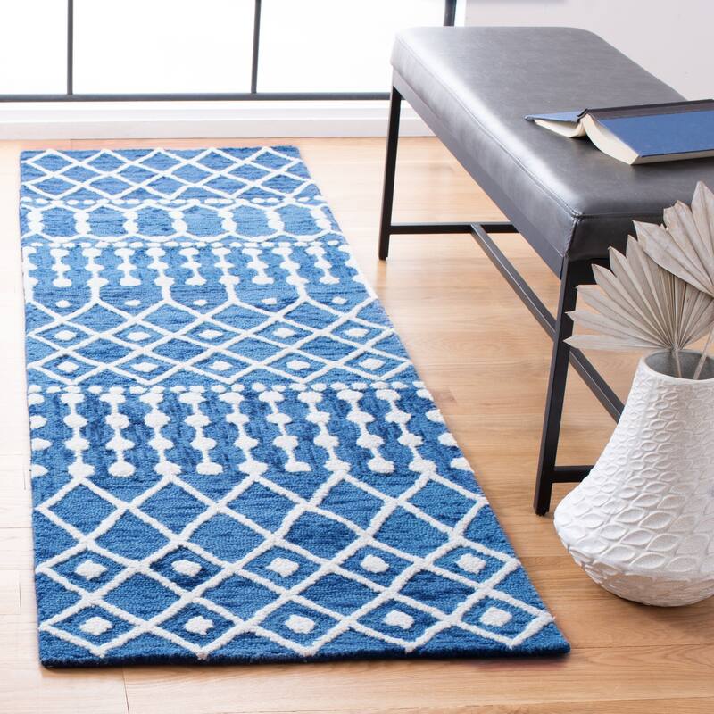 SAFAVIEH Handmade Blossom Orit Moroccan Wool Rug - 2'3" x 9' Runner - Navy/Ivory