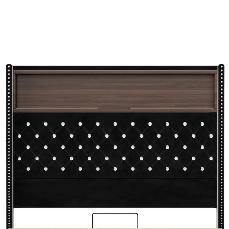 Velvet Tufted Wingback Bed Frame with Rivet Decoration Headboard Built-in Shelf USB Port and Night Light, Soft Platform Bed