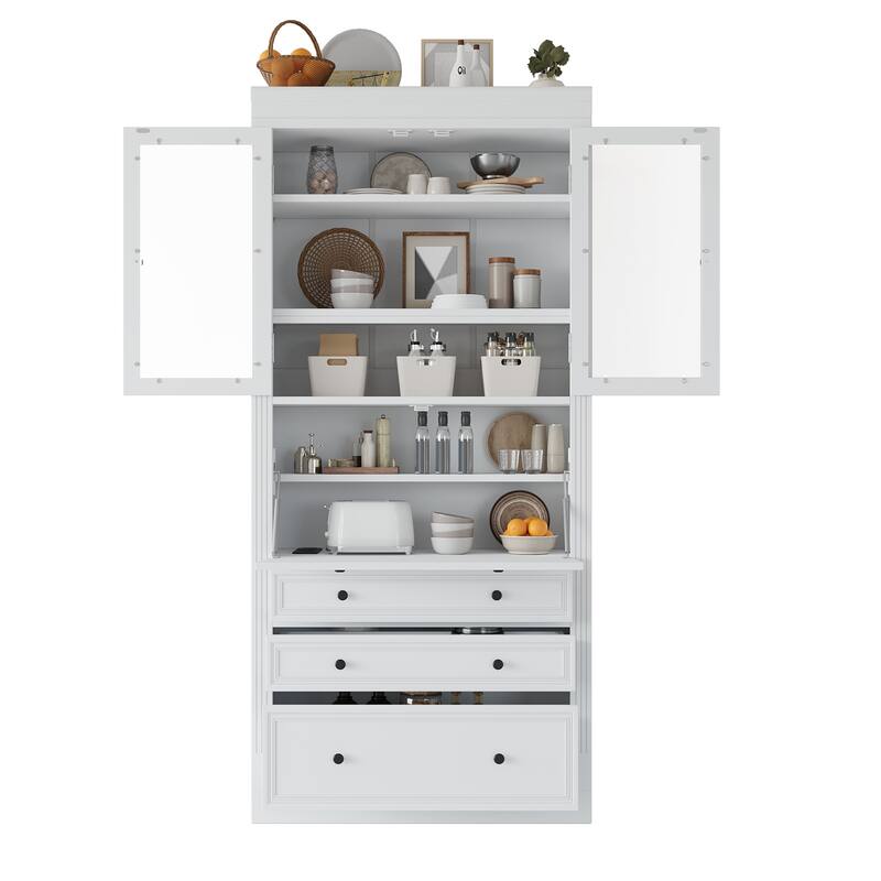 Roomfitters 78 Inch Tall Kitchen Pantry Storage Cabinet with Power Outlet and Drop-Down Surface