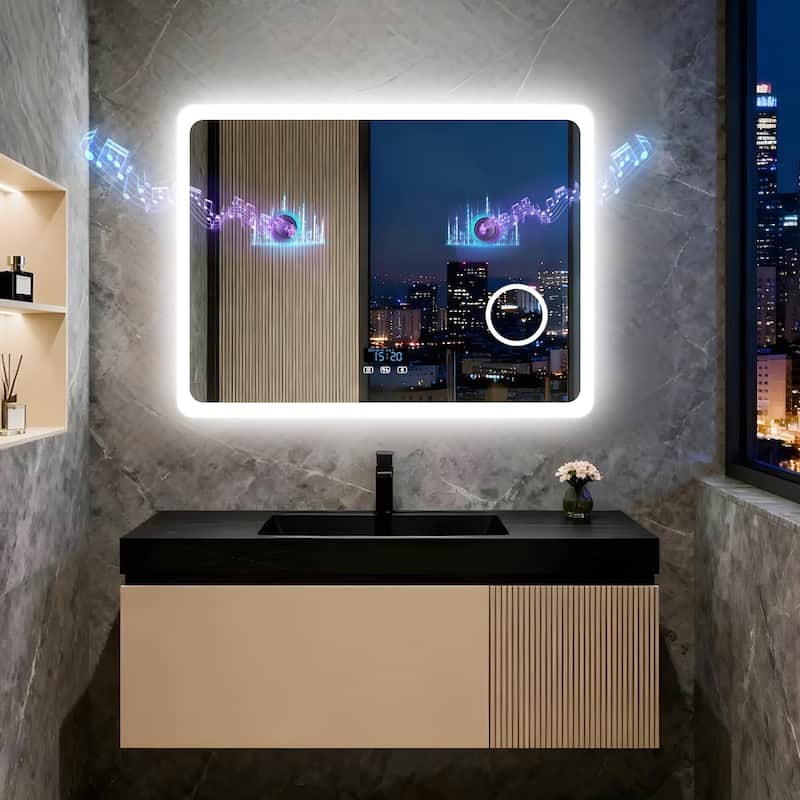 Smart LED Bathroom Mirror with Bluetooth Speaker, Anti-Fog Magnifying - 32x24 inch 