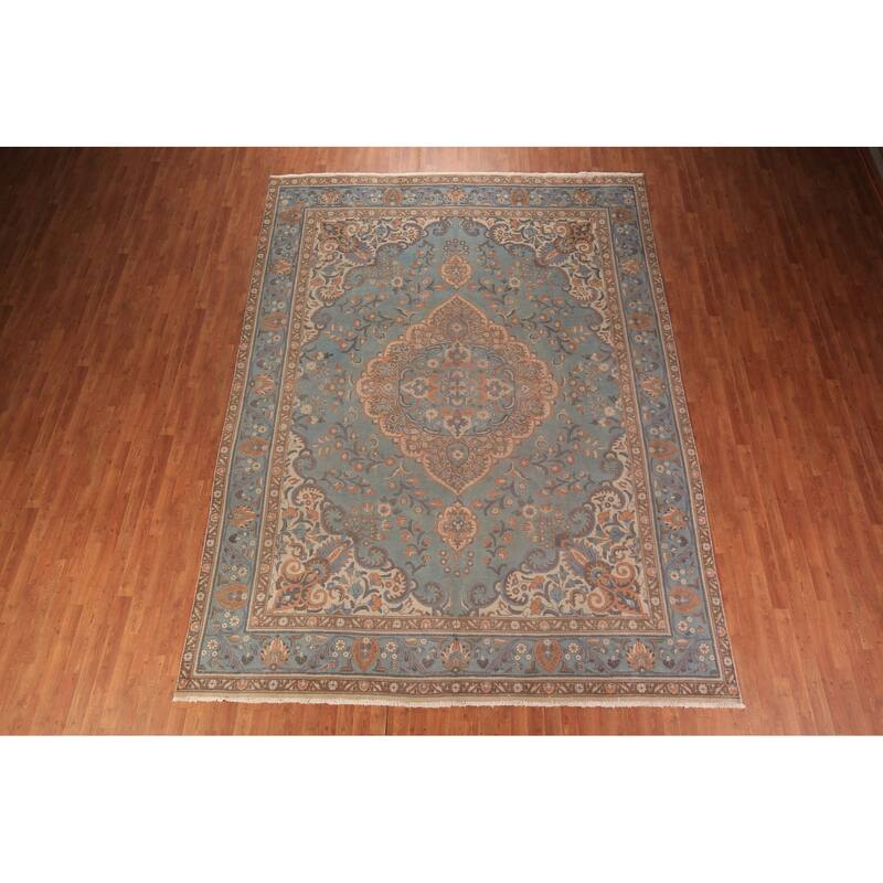 Blue Tabriz Persian Vintage Area Rug Hand-Knotted Wool Carpet - 9'6" x 12'10"