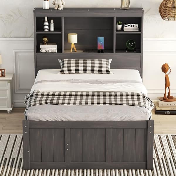 slide 2 of 11, Twin Size Wood Platform Bed with Twin Size Trundle & Charging Station Antique Brown - Twin