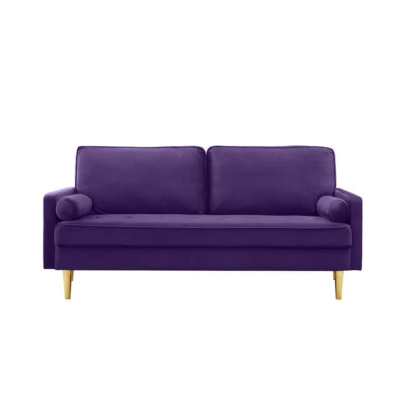 Velvet Loveseat Upholstered Corner Sofa Tufted Couch with 2 Cylindrical Pillow for Living Room 2-seat Armchair - Purple