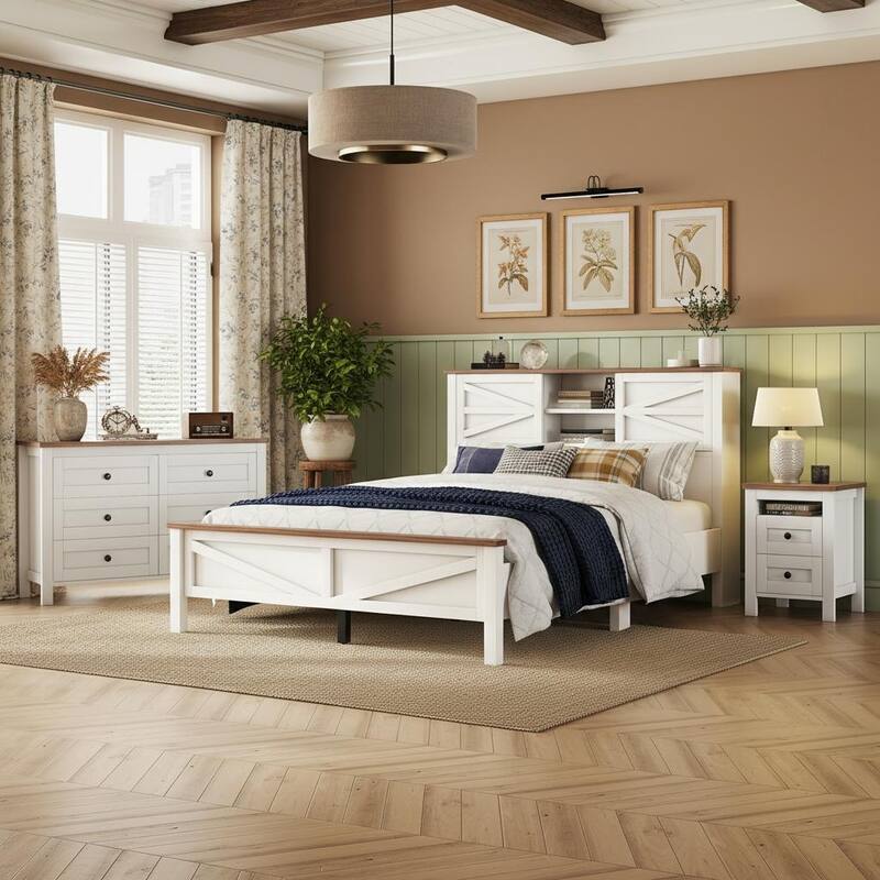 Farmhouse 3-Piece Bedroom Set with Sliding Storage Headboard & Charging Station by Harper&Bright Designs - Antique White - Queen