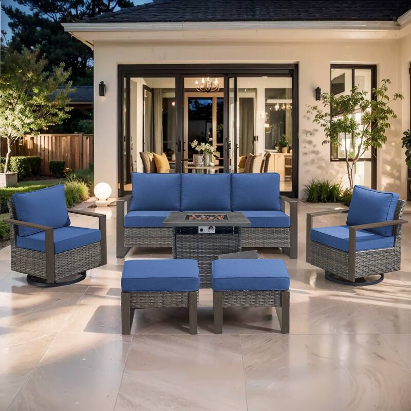 Pocassy Outdoor Fire Pit Conversation Set 3-Seat Sofa Chairs Patio Furniture Set - Grey Wicker Blue Cushion - 6-Piece Sofa Swivel Chair Ottoman with Fire Table