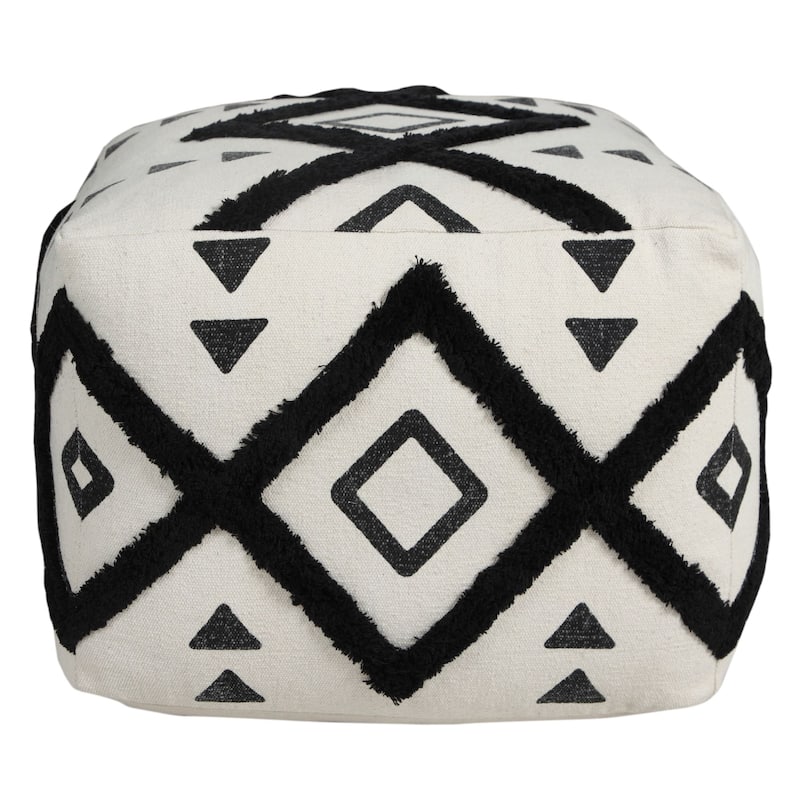 18" White and Black Double Diamond Square Pouf Ottoman