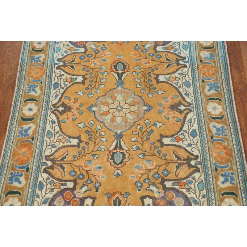 Hand Knotted Oriental 100% Wool Carpet Traditional Geometric Yellow & Gold Tabriz Area Rug - 4' 11'' X 3' 4''