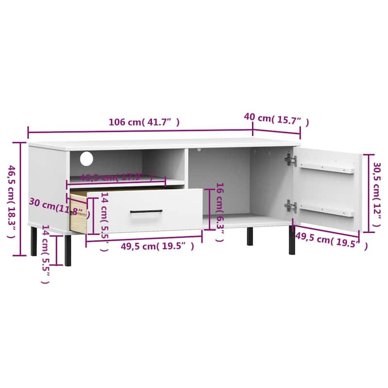 vidaXL TV Stand TV Console TV Console with Metal Legs Solid Wood Pine OSLO - 41.7" x 15.7" x 18.3"