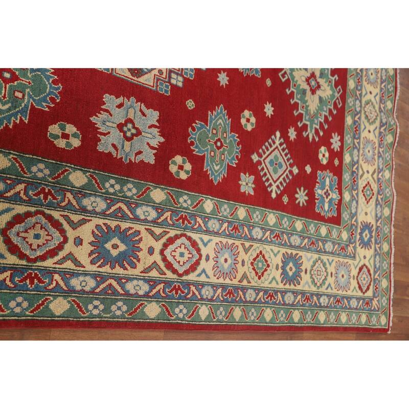 Geometric Red Kazak Area Rug Hand-Knotted Oriental Wool Carpet - 6'8" x 10'2"